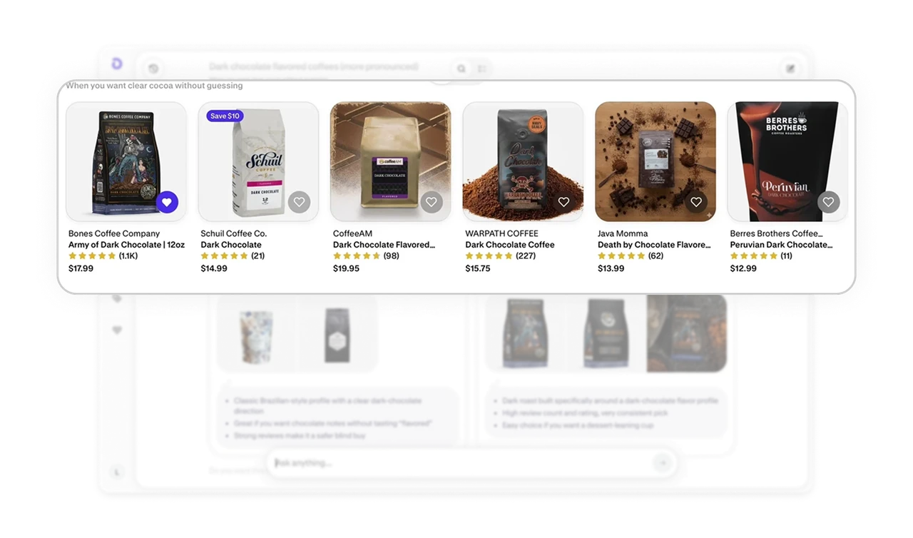 Clean product cards with subtle action cues