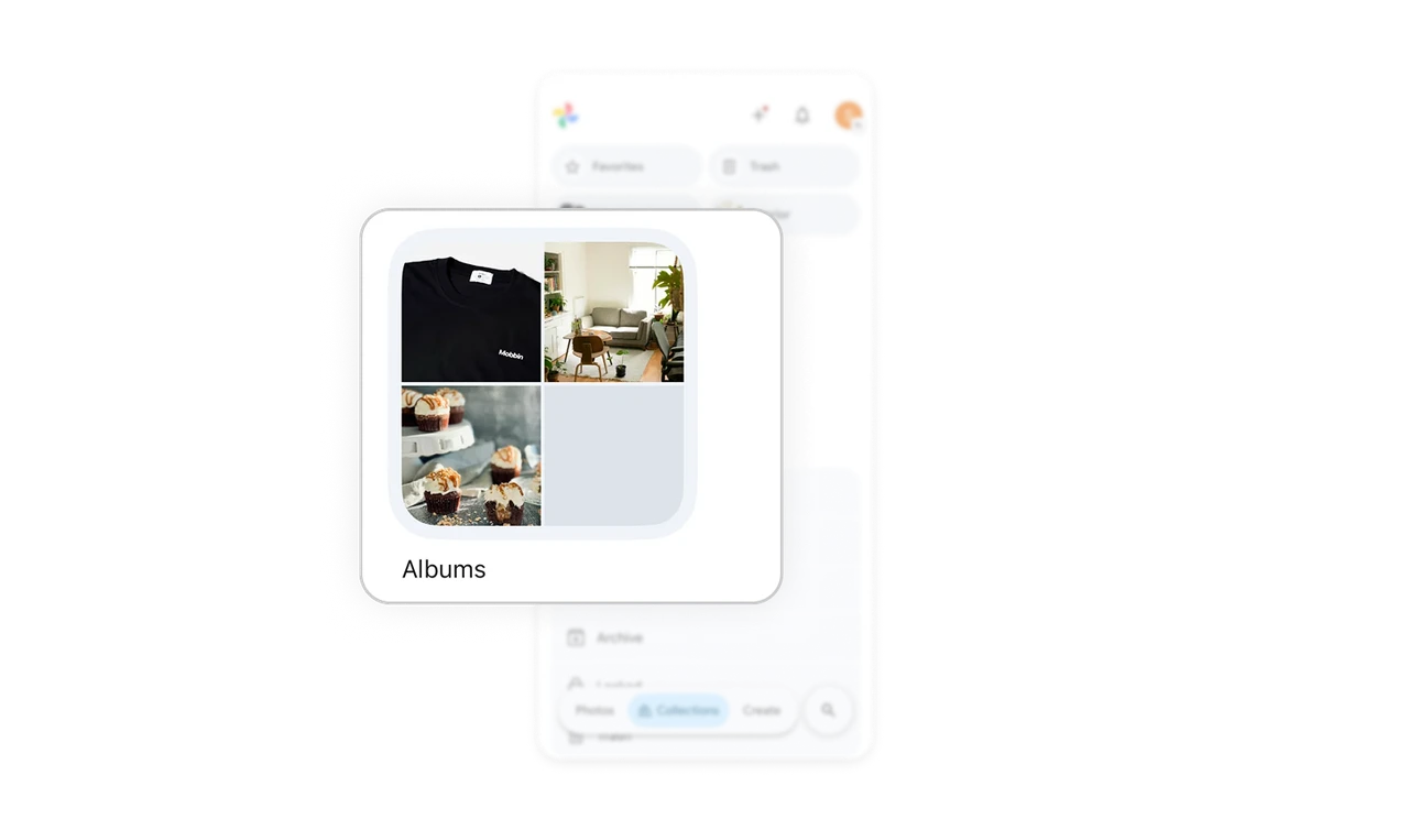 Collage album thumbnails preview content at a glance