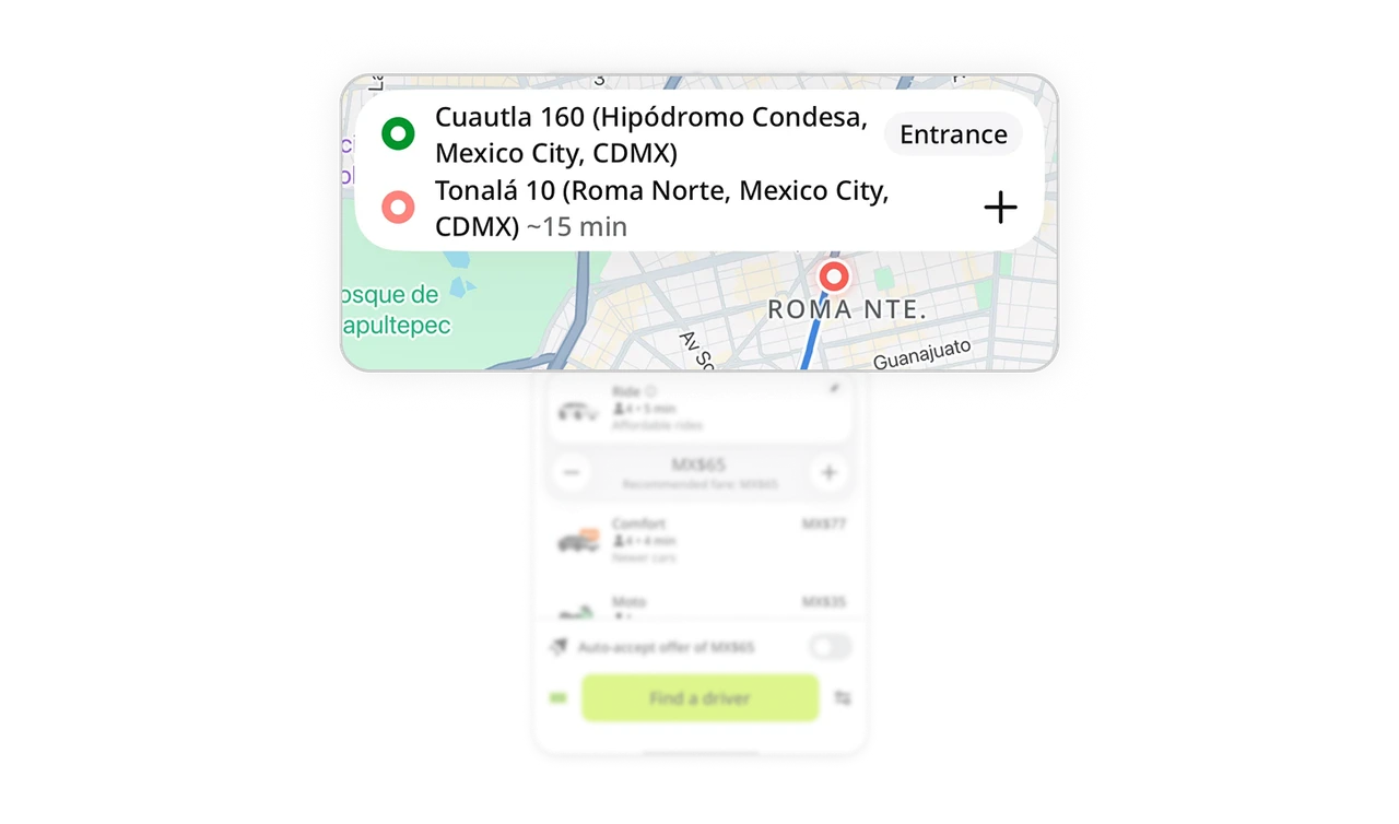 Color-coded pickup and dropoff stay consistent across map and list