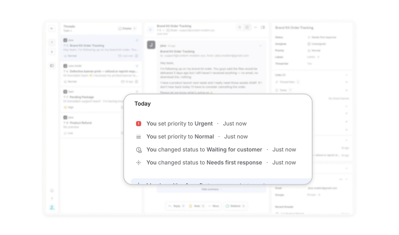 State changes interleave with messages as one chronological ledger