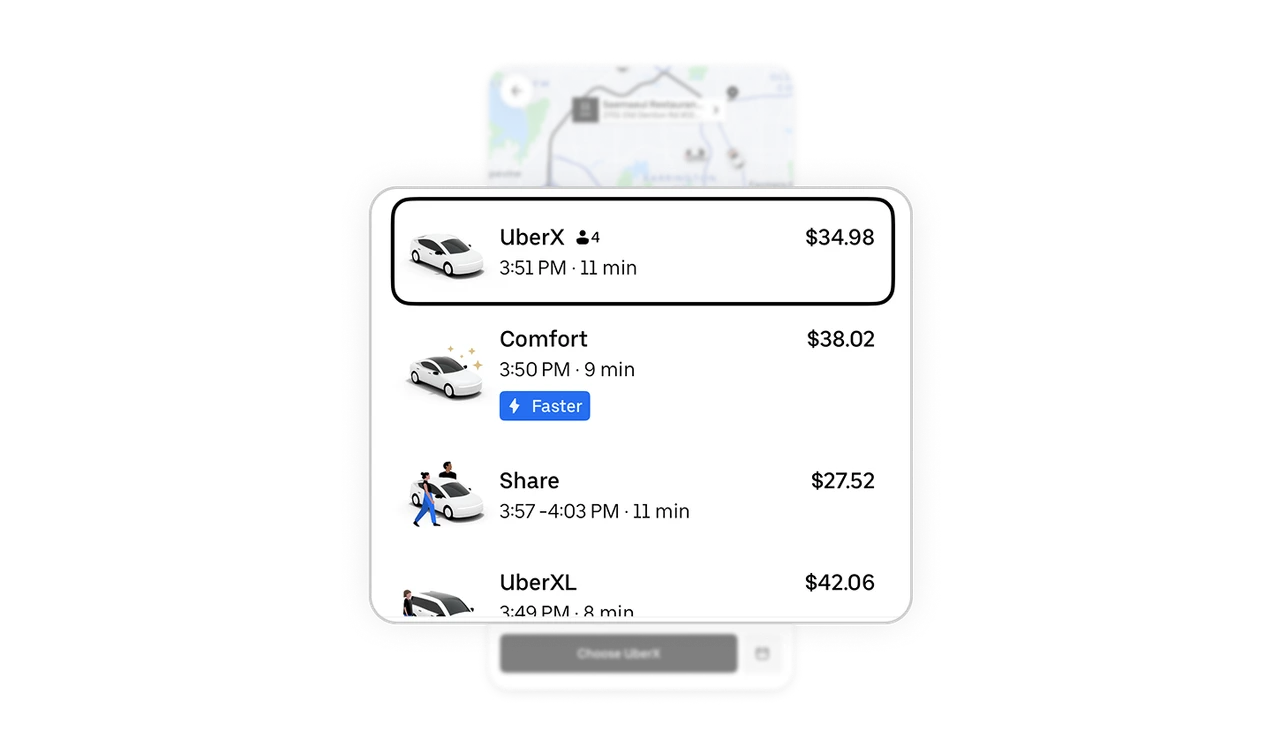 Consistent ride option layout aids quick comparison