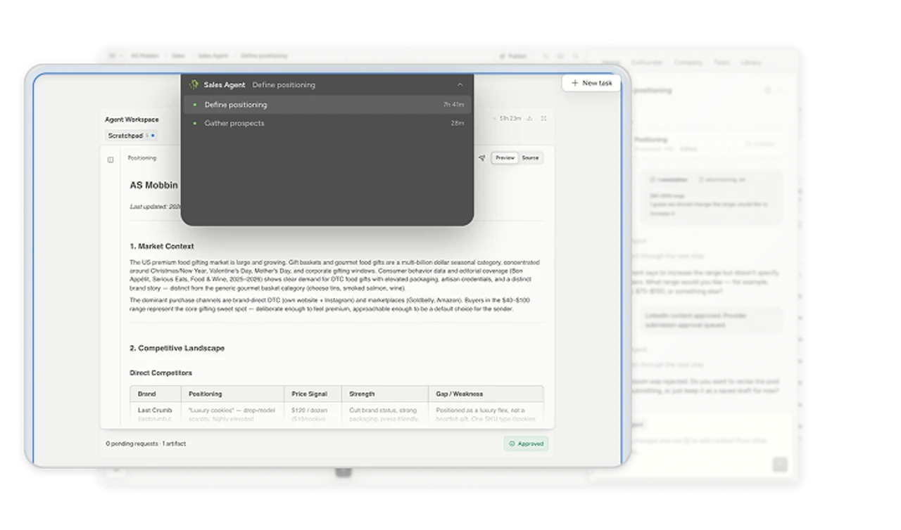 The agent's canvas layers monitoring, work, and status