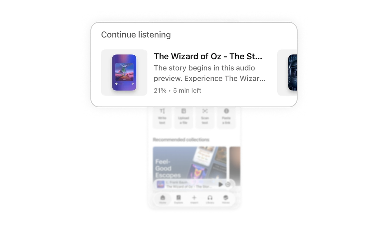 Continue listening card shows progress and time remaining