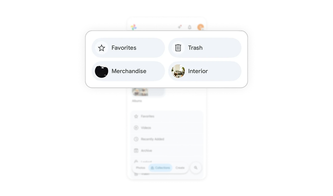 AI-generated category pills with thumbnails make collections personal