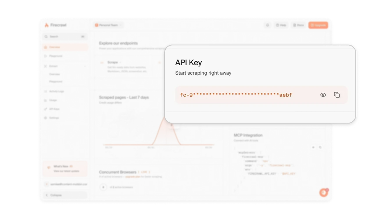 The API key lives on the home screen, masked with reveal and copy