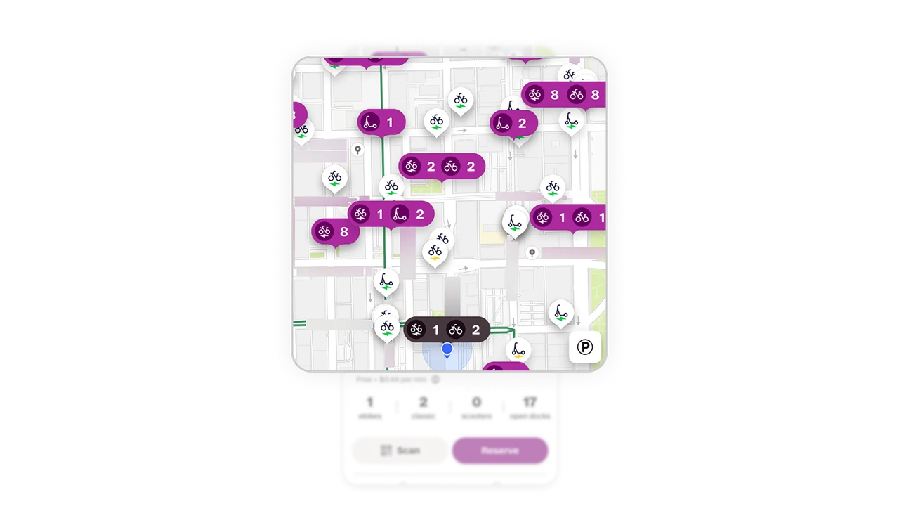 Color-coded pins encode vehicle type and count in one shape