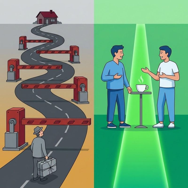 Split illustration of a traveler blocked by a winding road of tollbooth barriers on one side, and two people meeting freely in an open green space on the other