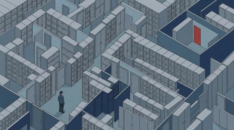 Isometric illustration of a person lost in a maze of filing cabinets with a single red door, representing opaque de-risking decisions with no appeal