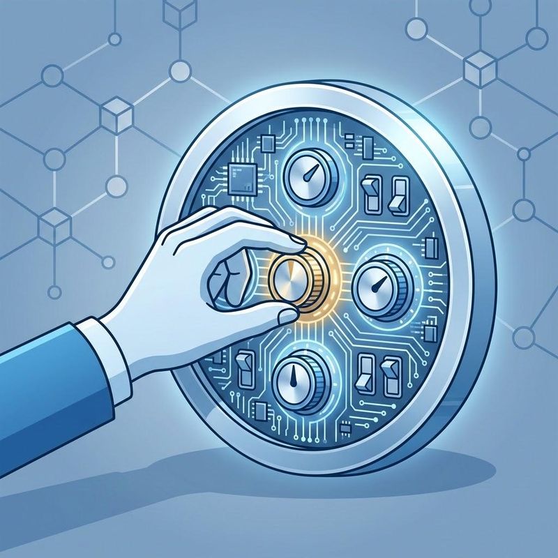 Illustration of a hand configuring dials on a circuit-covered dial pad, representing the programmable design choices behind a stablecoin