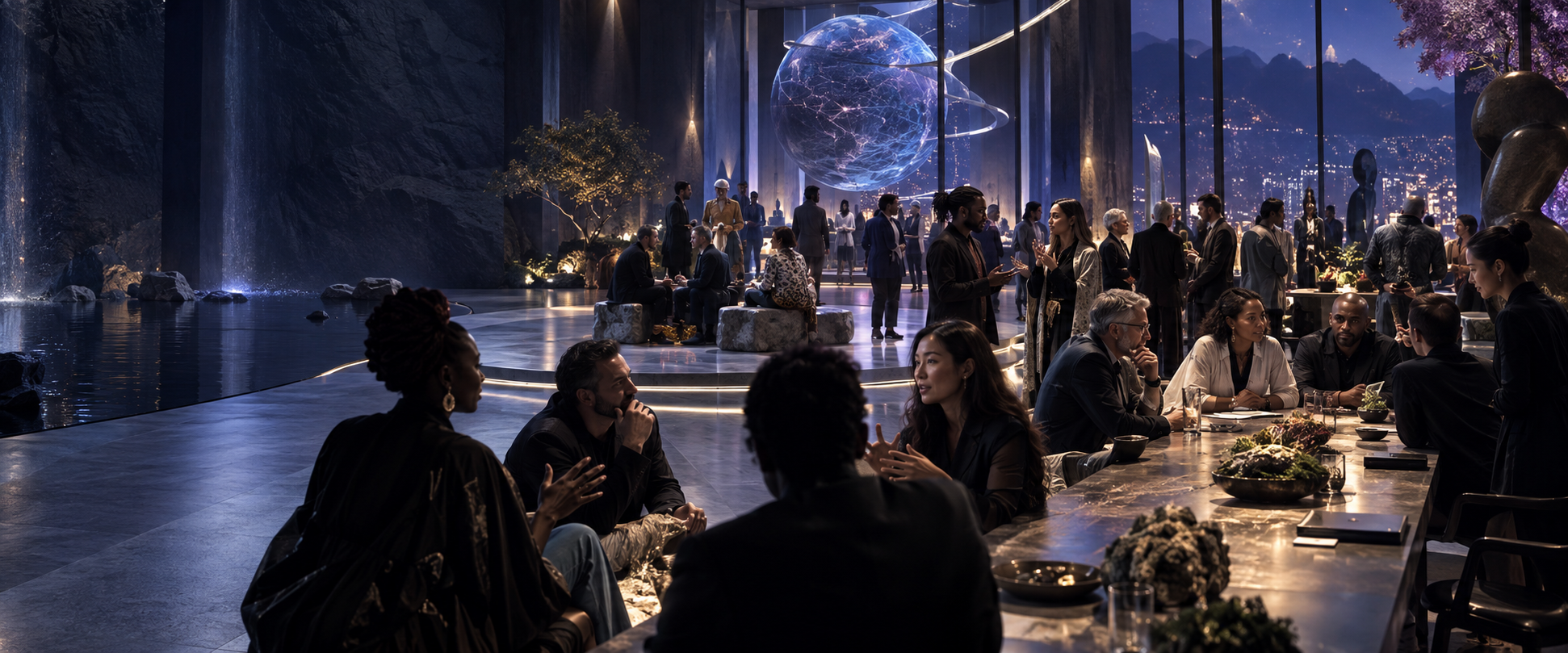 A diverse group gathered around a luminous shared table in a high-consequence room