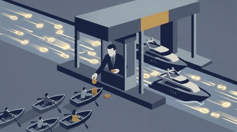 Illustration of a tollbooth operator collecting coins from rowboats while superyachts pass freely through, representing unequal access to payment rails