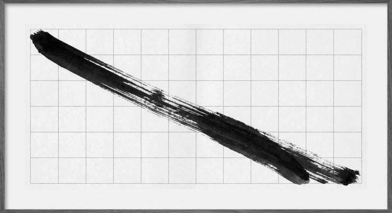 A grid of thin gray lines crossed by a single bold ink brush stroke