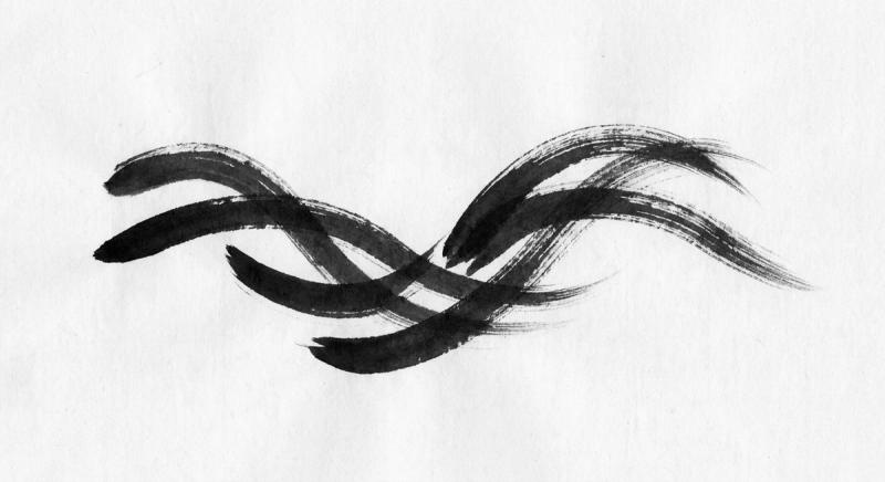 Four sumi ink brush strokes drawn in a single gesture on warm paper