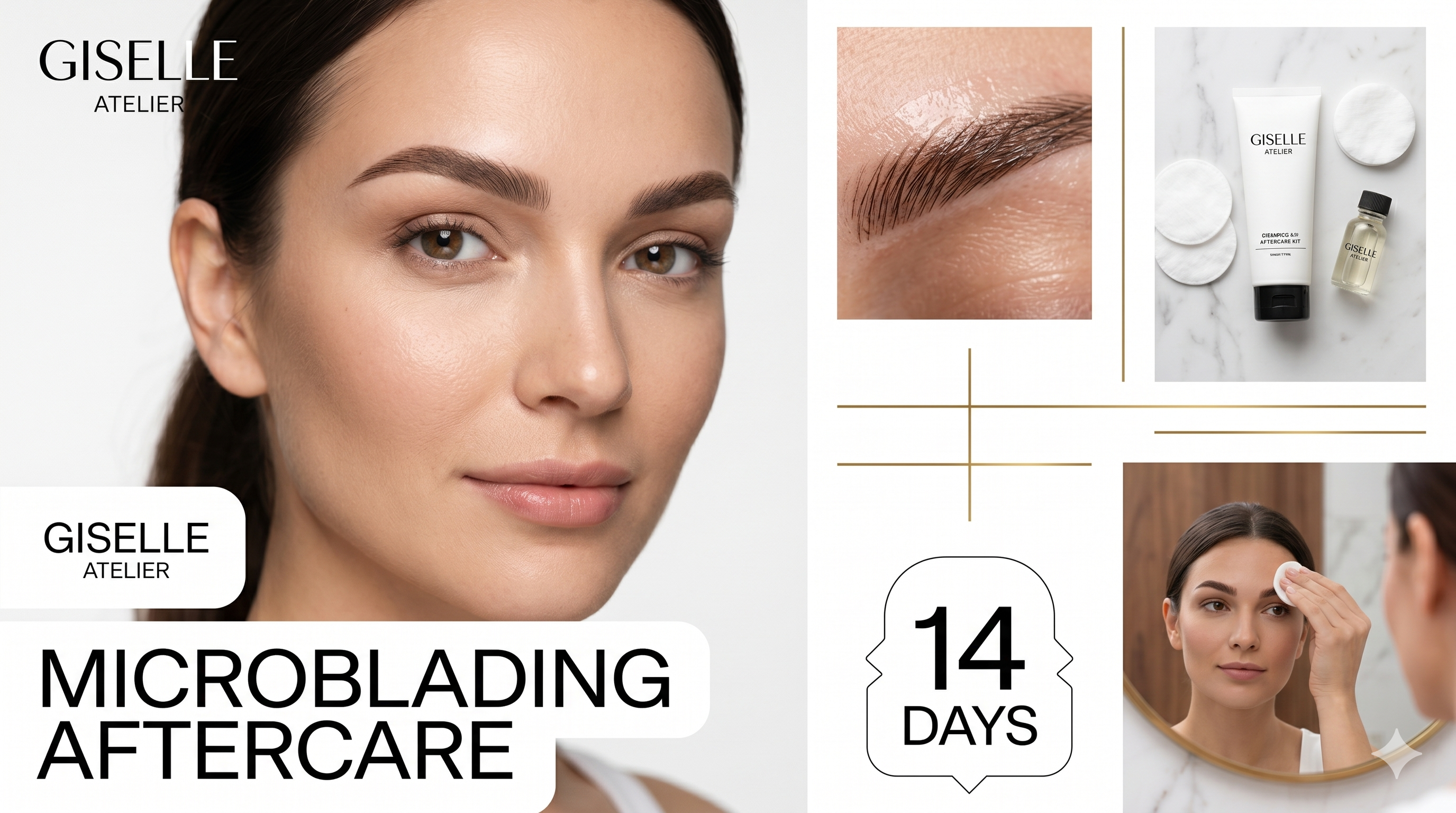 1-14 Day Microblading Aftercare Guide: Luxury realistic infographic on marble with woman, eye comparison, icons, and Spanish text.