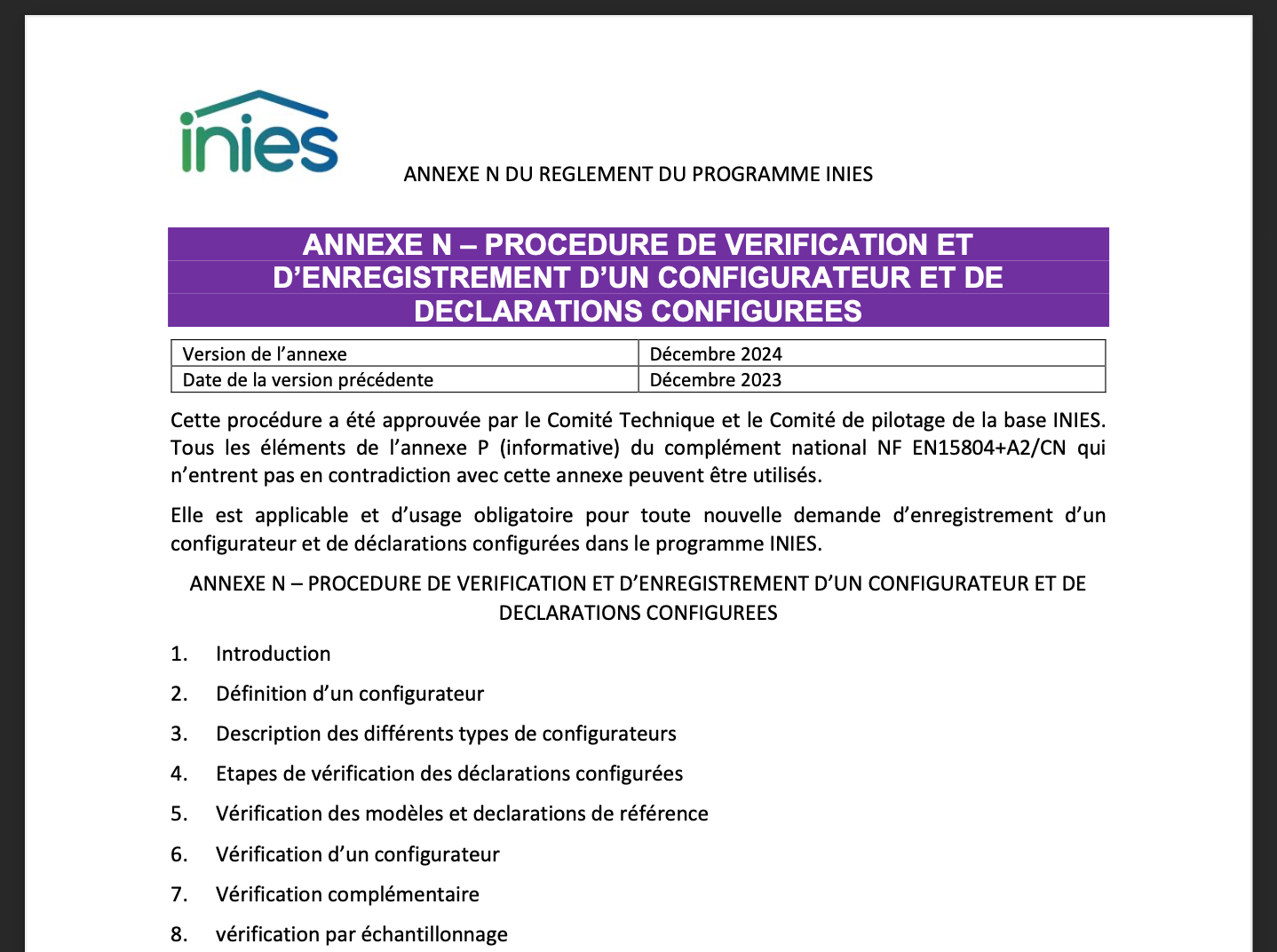 Aperçu de l’annexe N du règlement de l’INIES