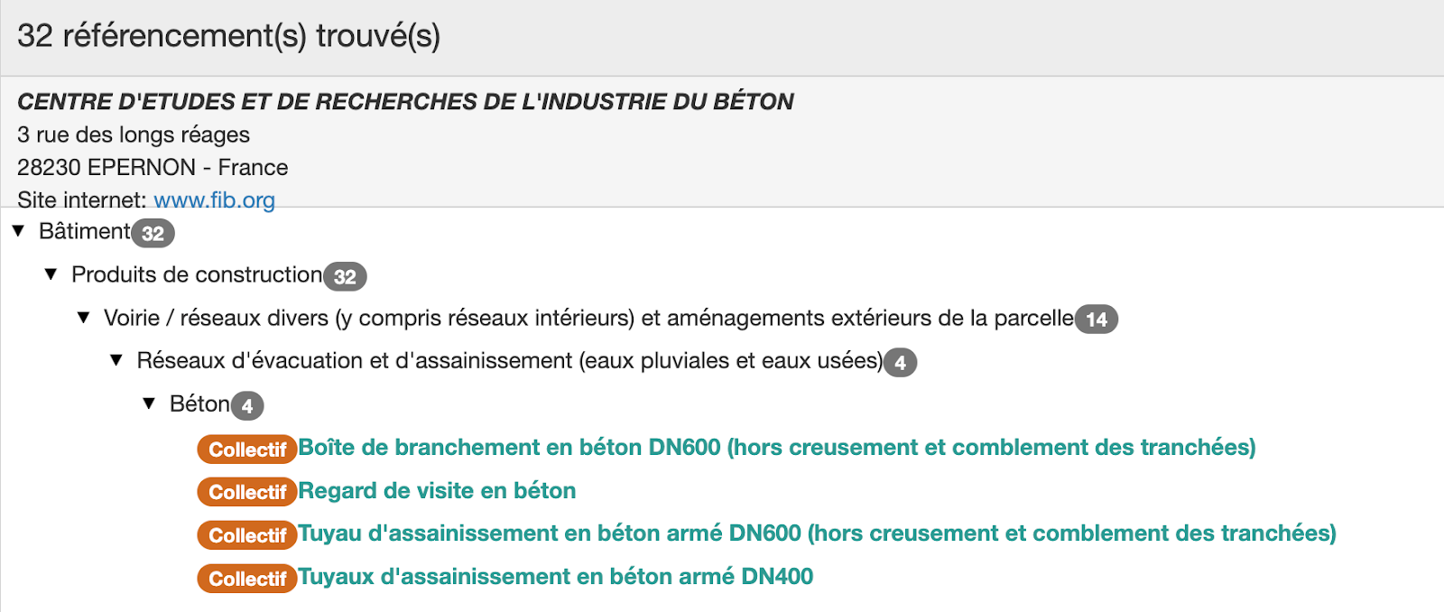Capture d’écran de FDES collectives publiées par le CERIB sur l’INIES.