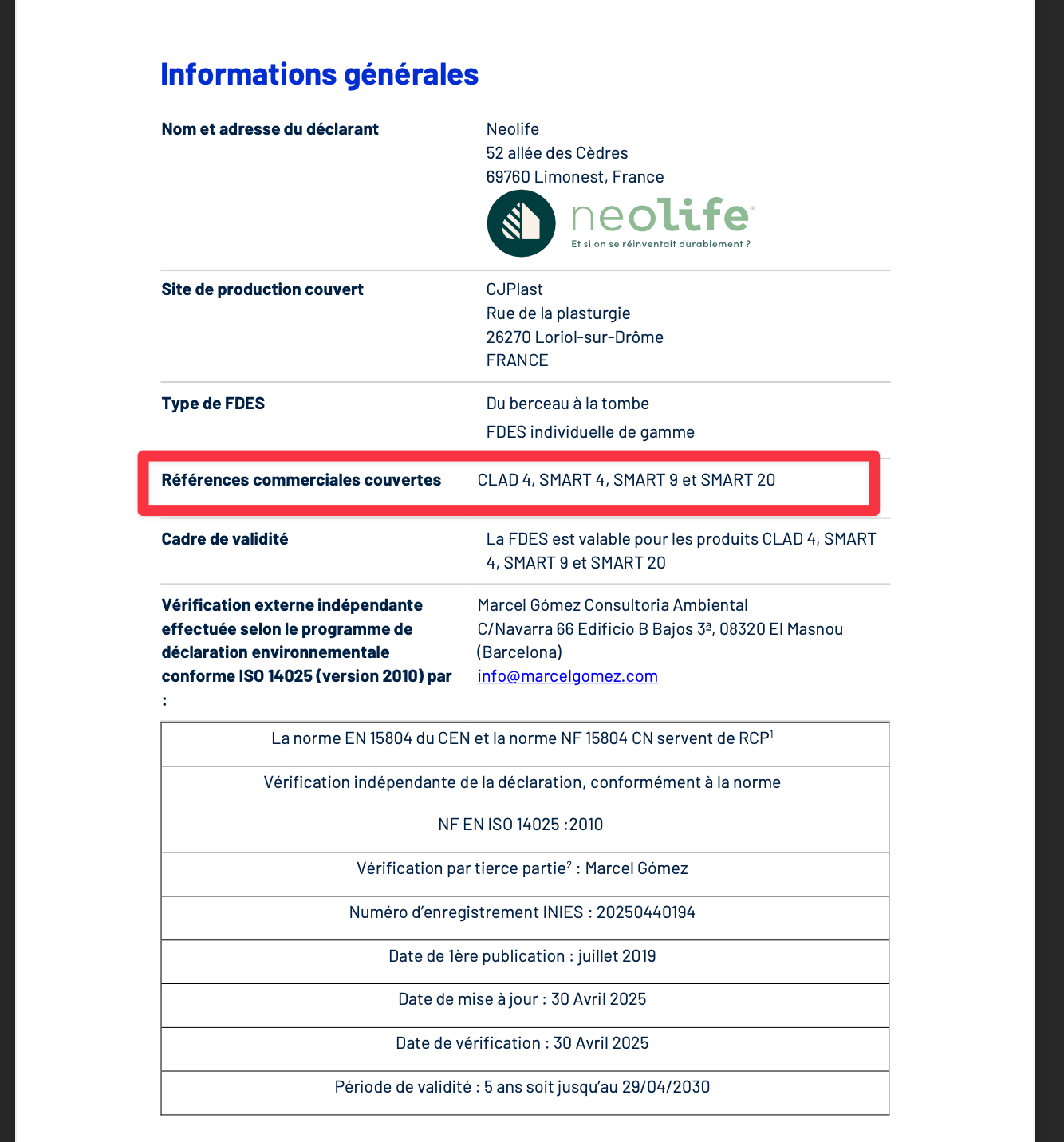 Extrait d’une FDES de gamme publiée par la société Neolife. Les références couvertes par la déclaration sont indiquées dans les informations générales (encadré rouge rajouté par nos soins).