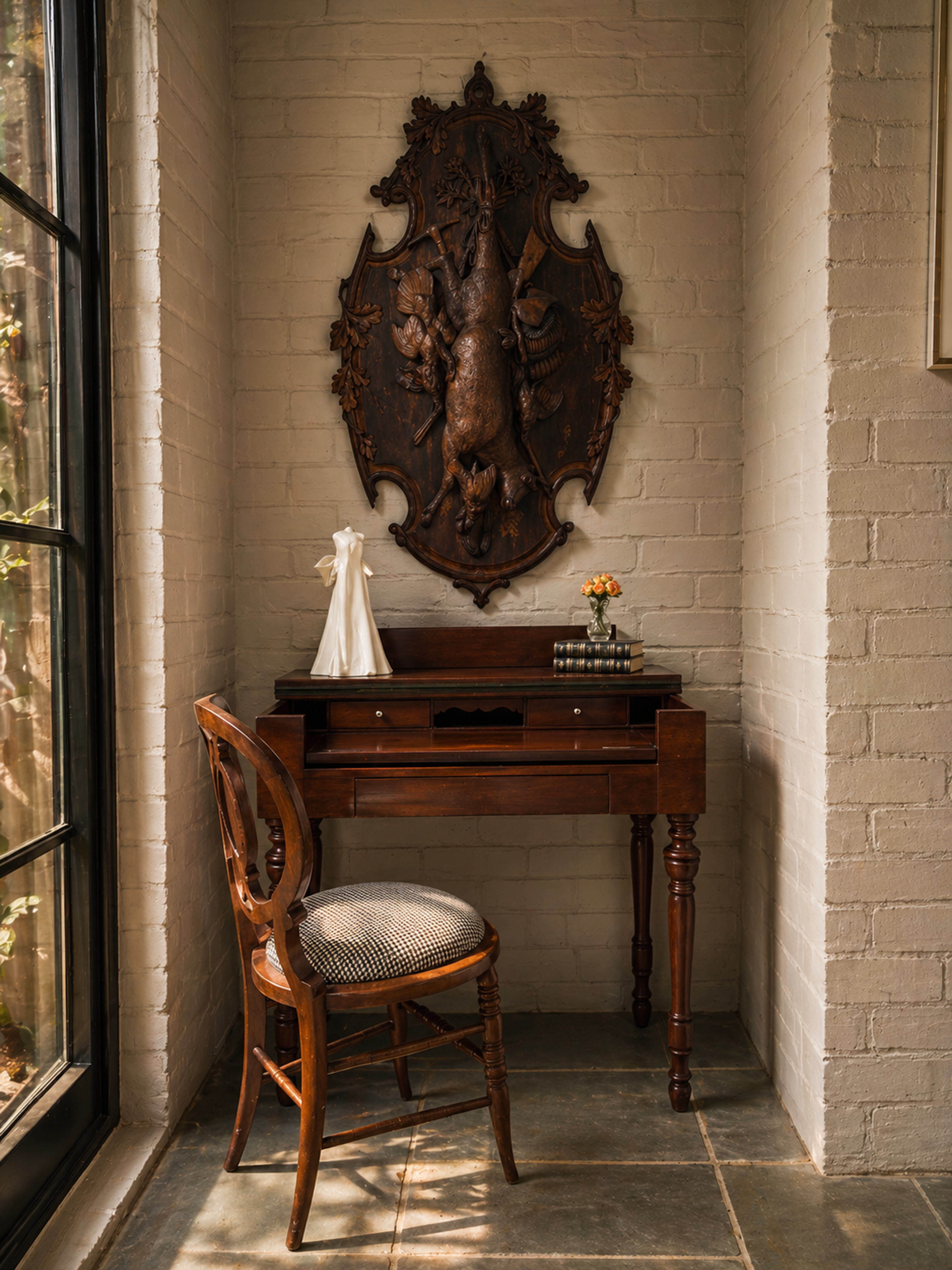 White wedding gown sculpture displayed on an antique wooden desk beneath a decorative wall sculpture.