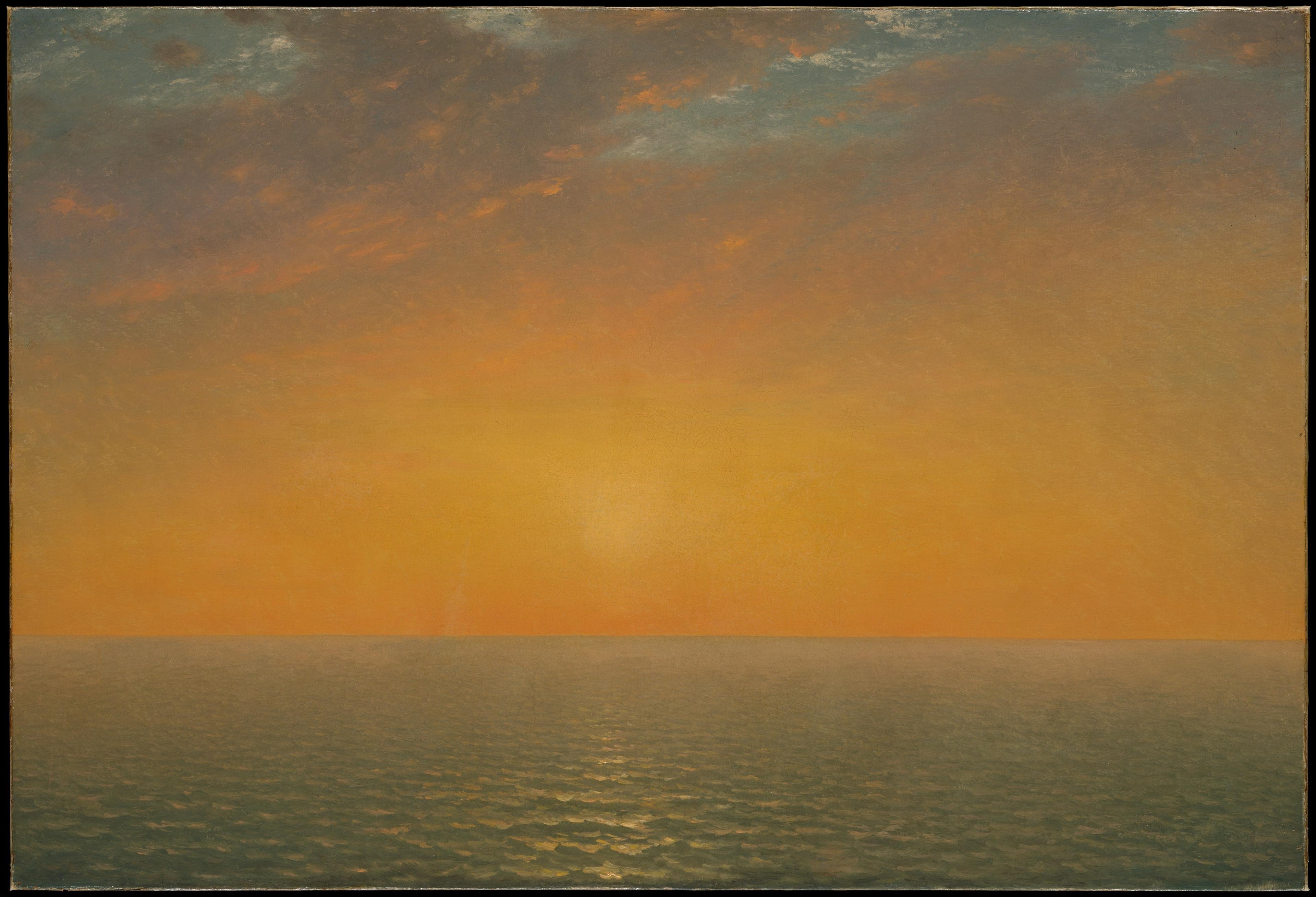 Seascape painting depicting a calm ocean at sunset with warm golden light reflecting across the water.
