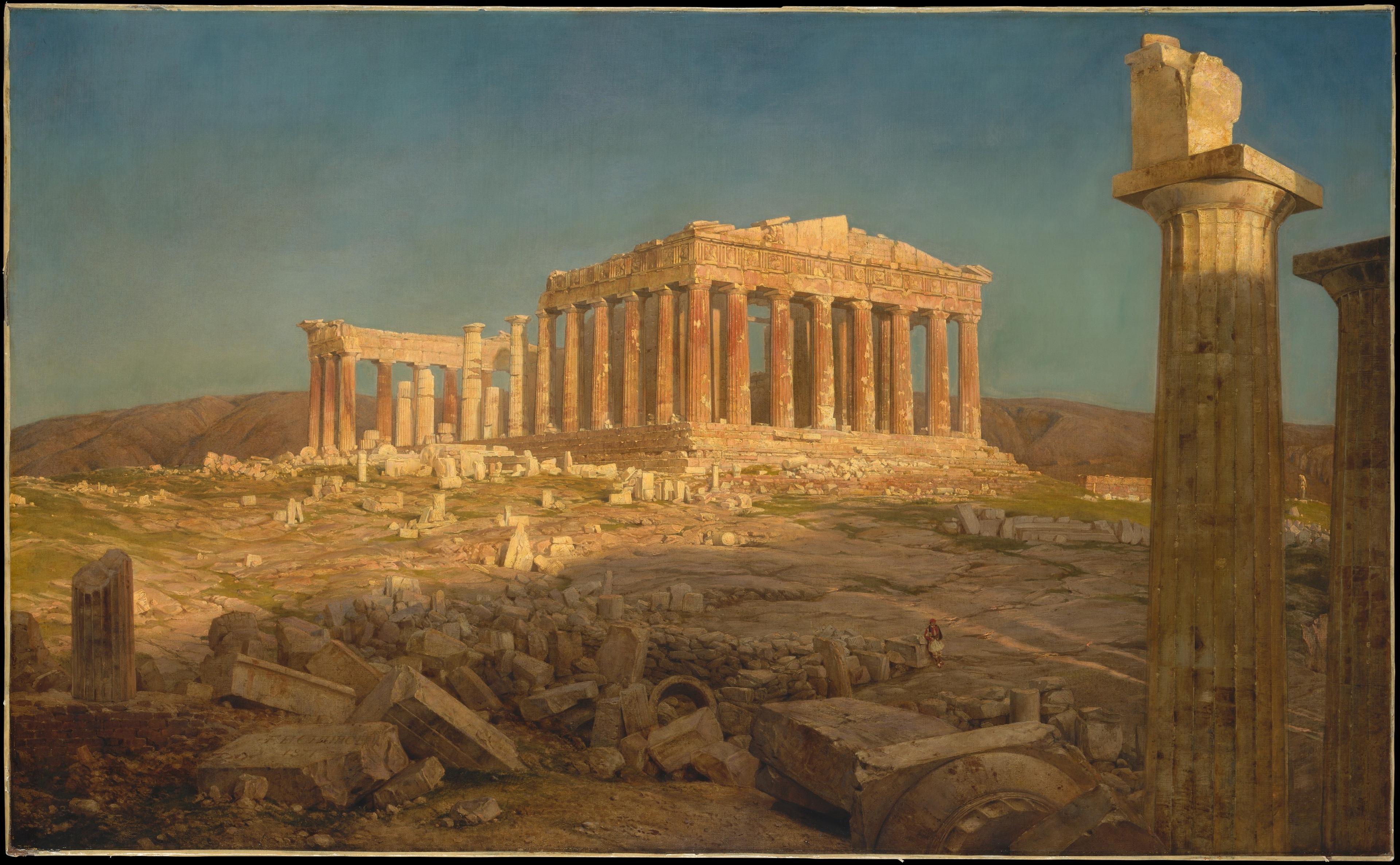 Framed landscape painting depicting the Parthenon and ancient ruins under a clear sky.