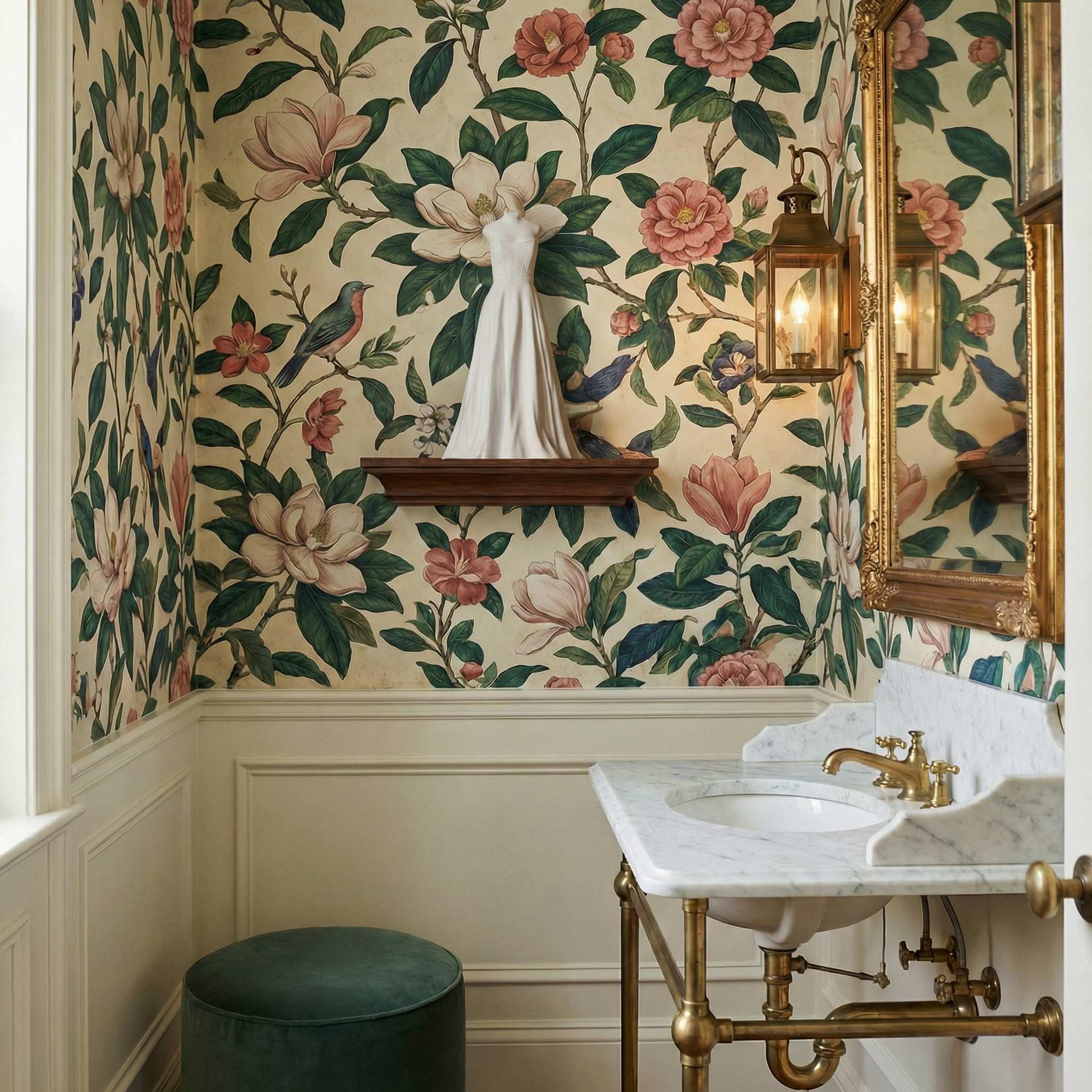 Wedding gown sculpture displayed as decorative art in a powder room with floral wallpaper, brass fixtures, and a marble sink.