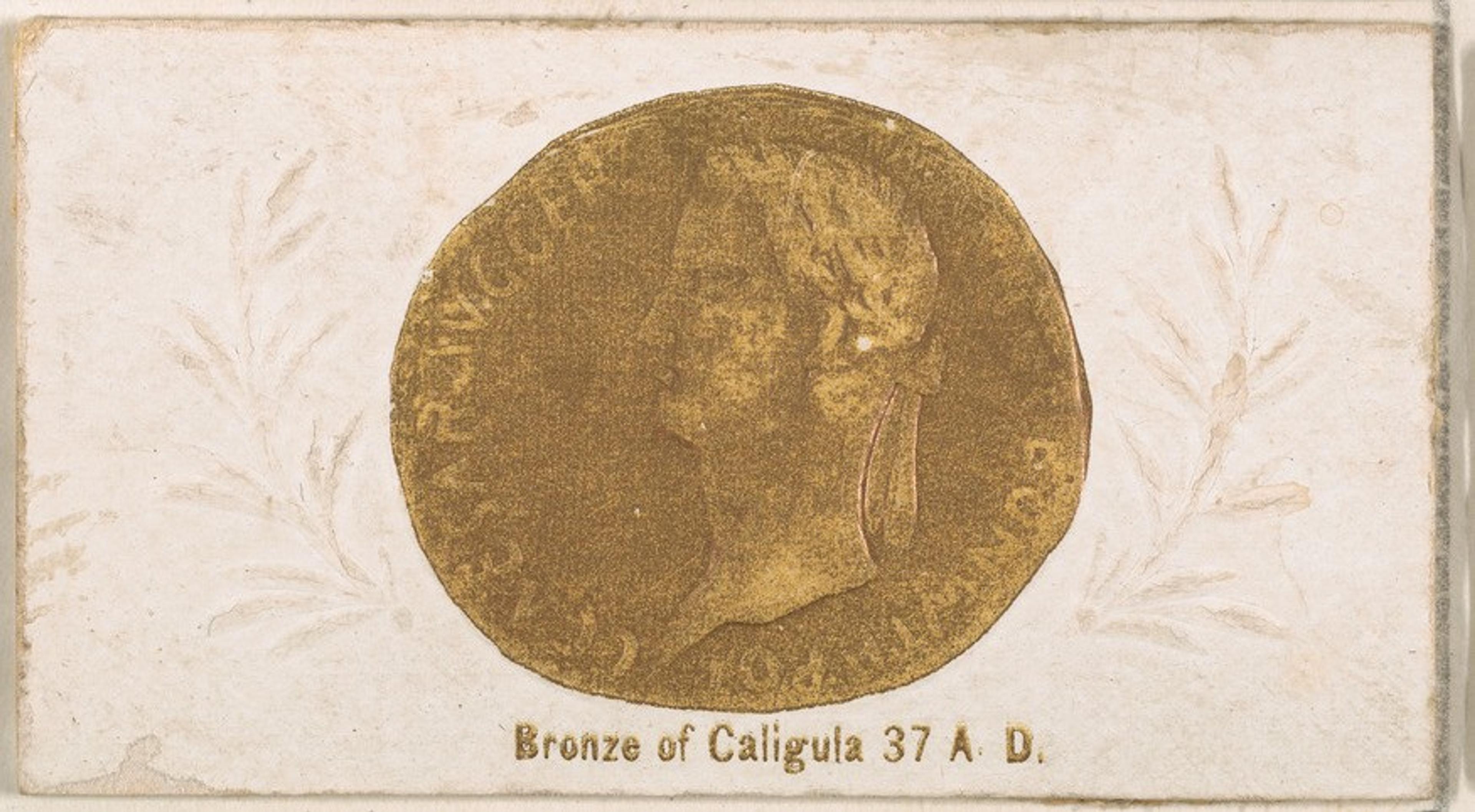 Antique coin featuring a profile portrait, labeled "Bronze of Caligula 37 A.D."