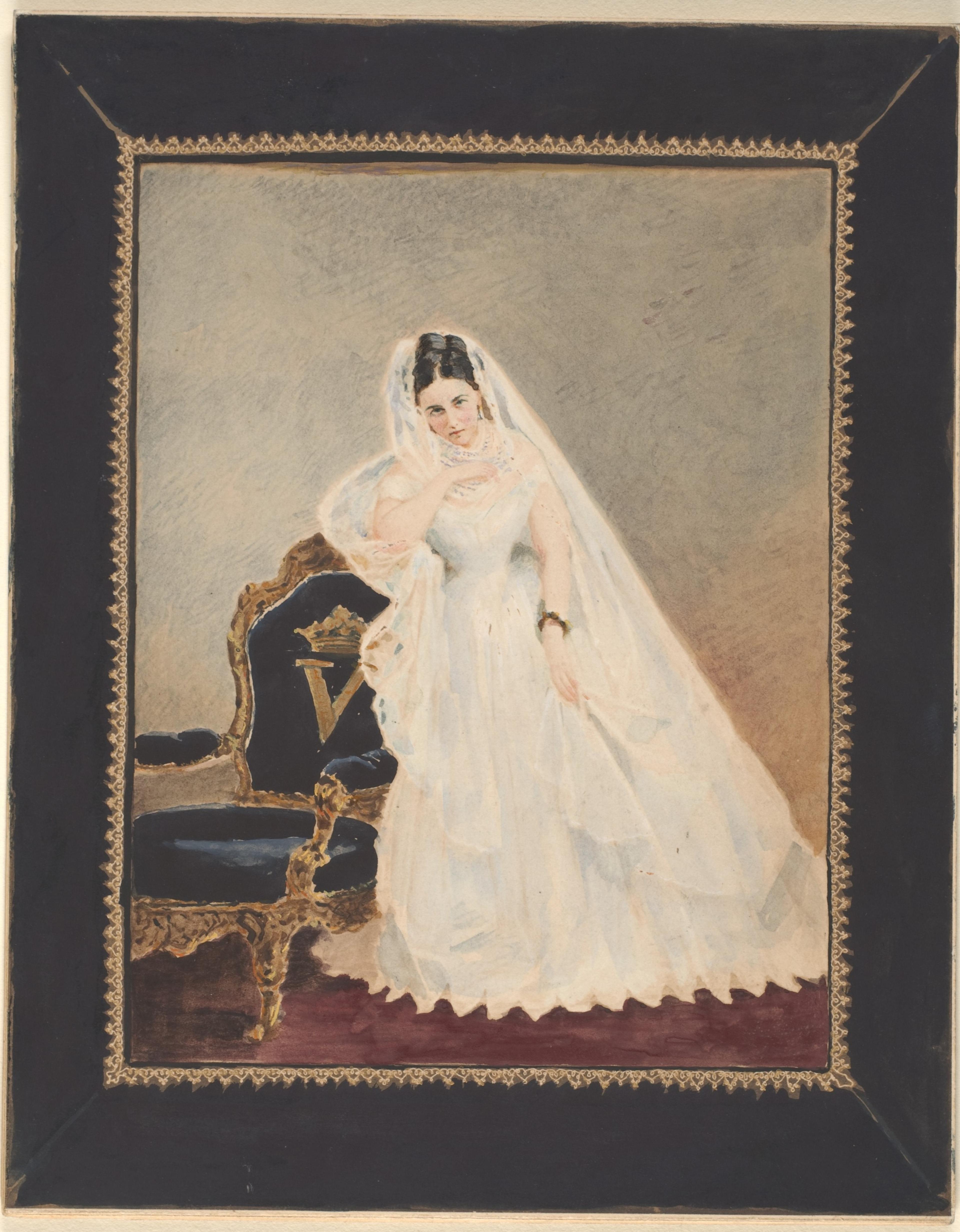 Framed portrait painting of a bride in a white wedding gown and veil seated beside an ornate chair.
