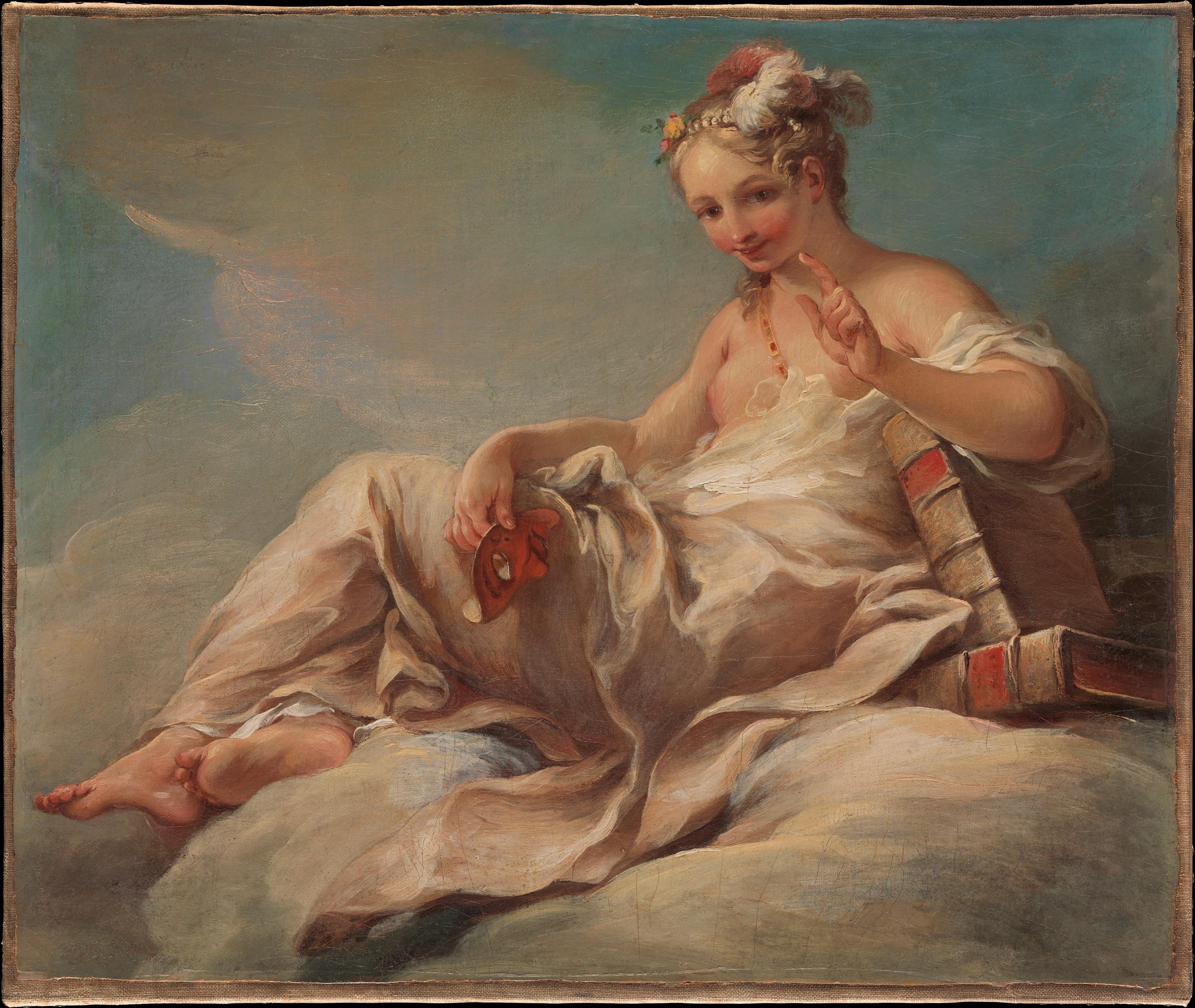 Framed painting of a reclining woman in flowing white drapery holding flowers against a soft landscape background.