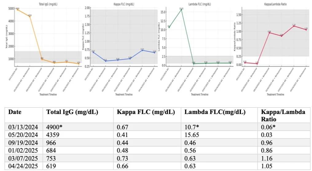 Immunoglobulin and light chain changes during treatment.