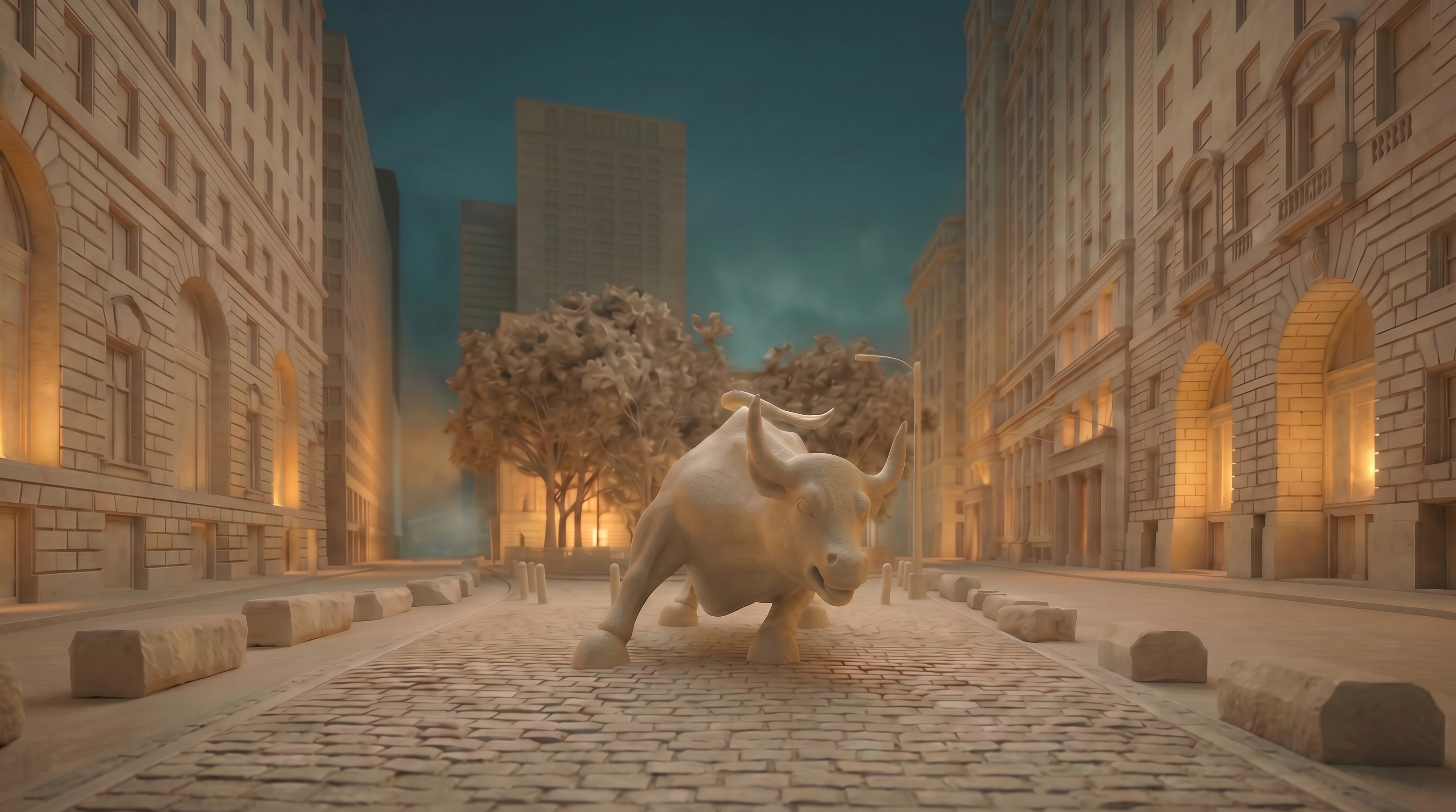 A bronze bull statue at golden hour on a city street