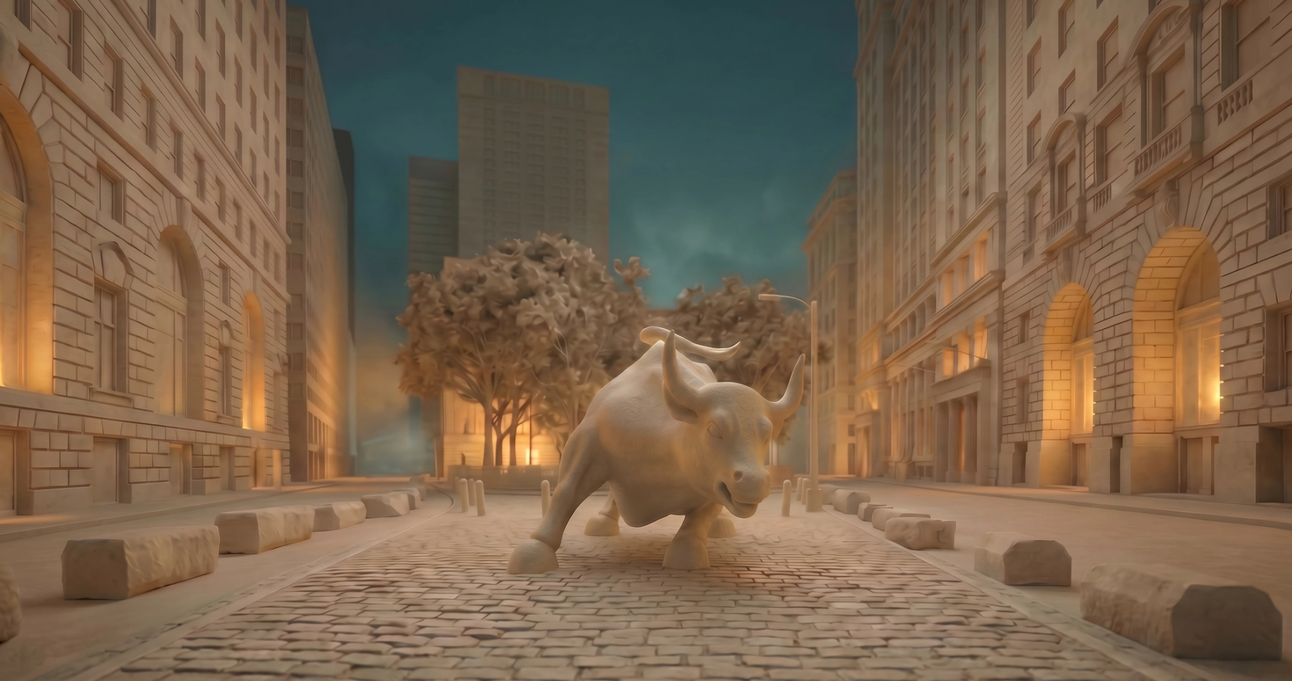 A bronze bull statue at golden hour on a city street