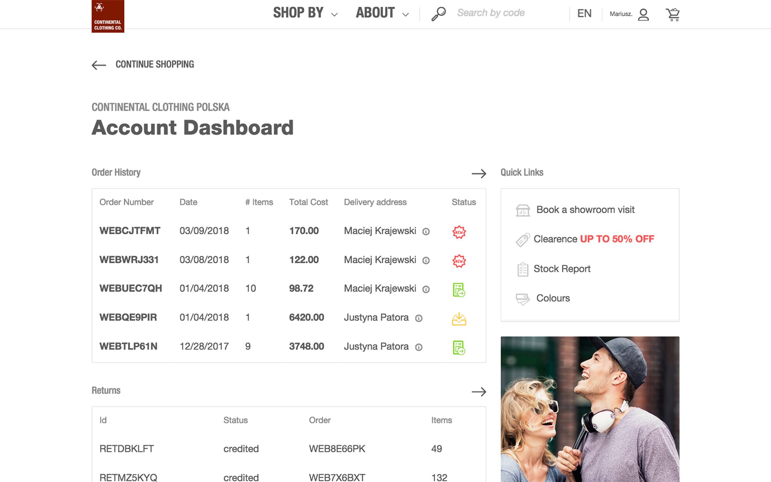 Continental Clothing Account Management Dashboard Desktop