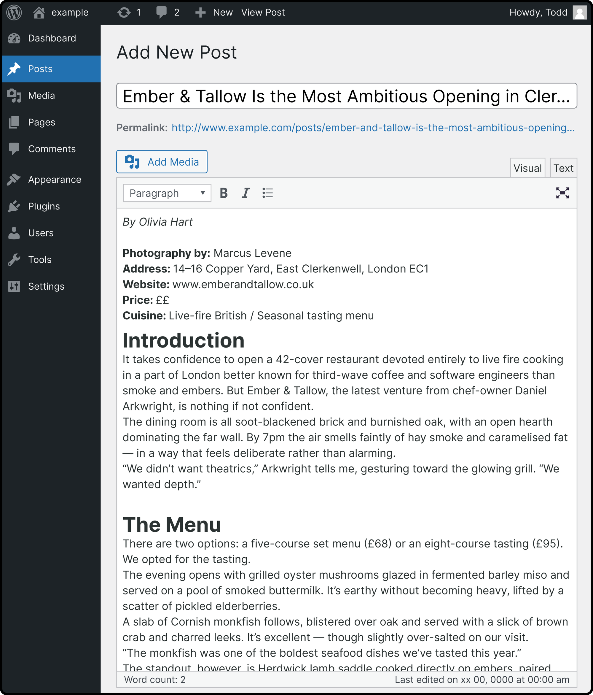 Restaurant review in an unstructured CMS