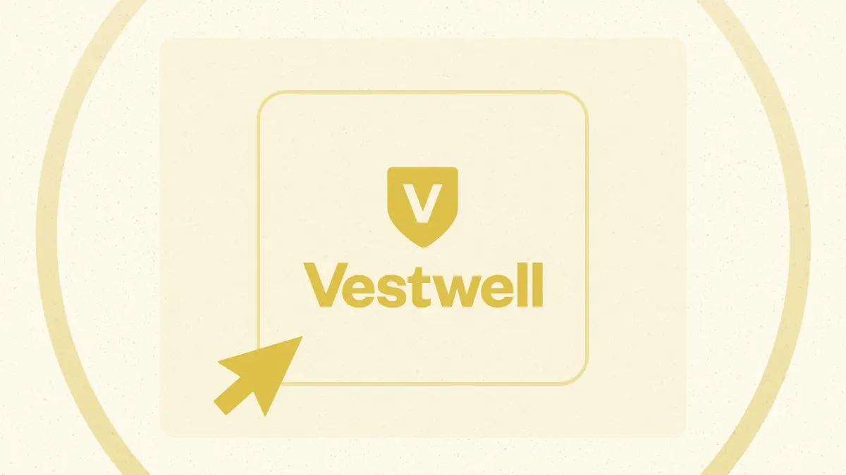 A yellow arrow points to a square with a shield icon and the word "Vestwell" in yellow text on a light background.