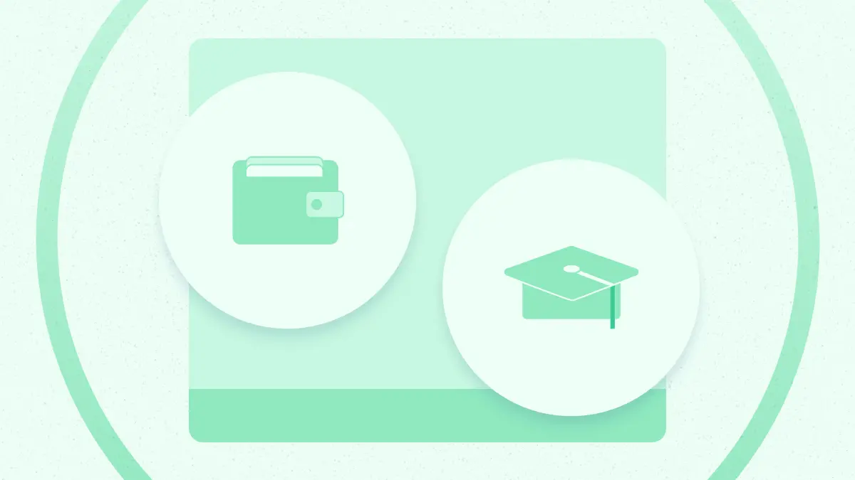 A minimalist illustration showing a wallet icon in one circle and a graduation cap icon in another circle, both on a light green background.