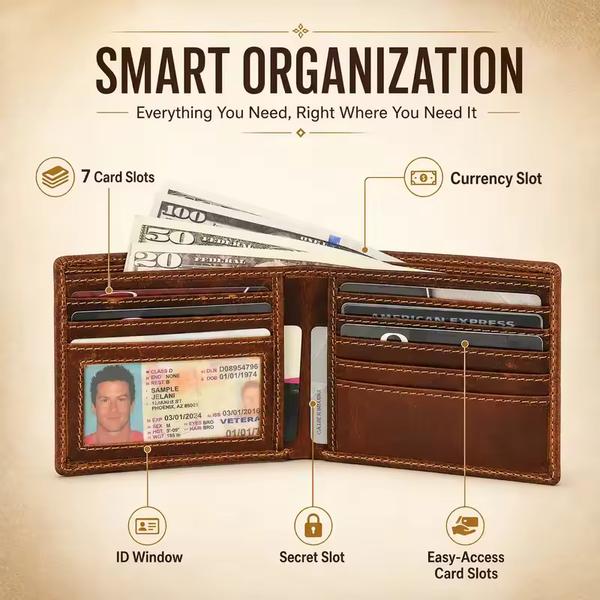 Genuine Leather RFID Bifold Wallet with ID Window | Custom Debossing | OEM