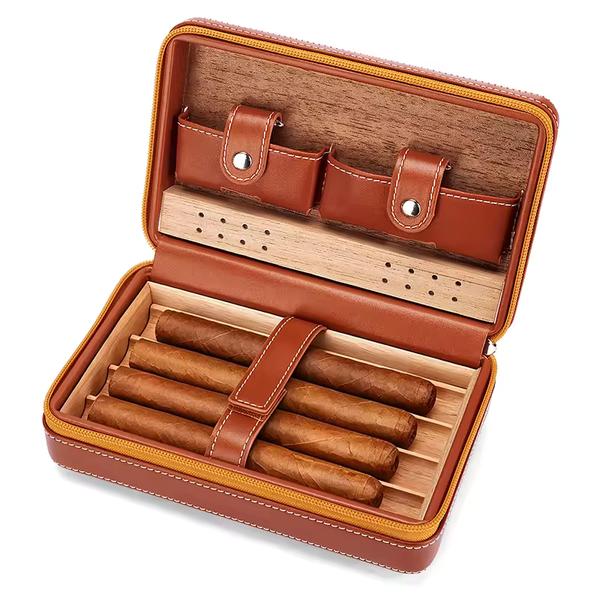 Genuine Leather 4-Cigar Humidor with Cedar Lining | Custom Engraving | OEM