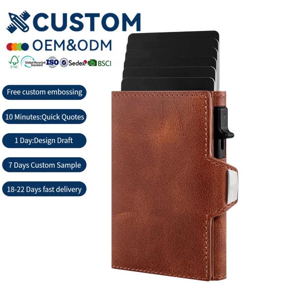 Leather Pop Up Card Wallet with Aluminum Trigger | Custom Logo | OEM