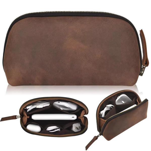Crazy Horse Leather Charger Pouch with Zip Organizer - Low MOQ | Supplier