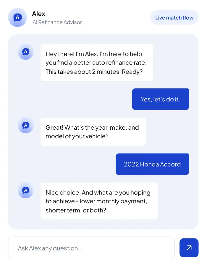 Alex, the AI refinance advisor, guiding a user through a live match conversation