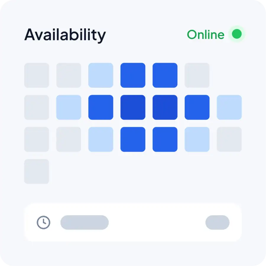 Availability calendar showing Alex online 24/7
