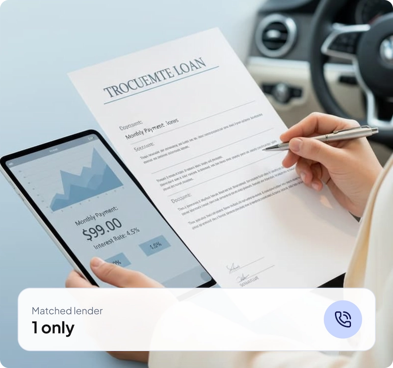 A borrower reviewing a refinance offer on a tablet inside their car