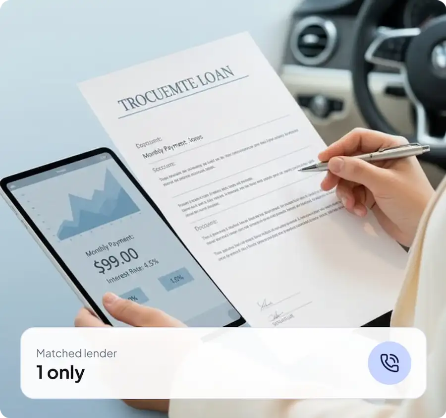 A borrower reviewing a refinance offer on a tablet inside their car
