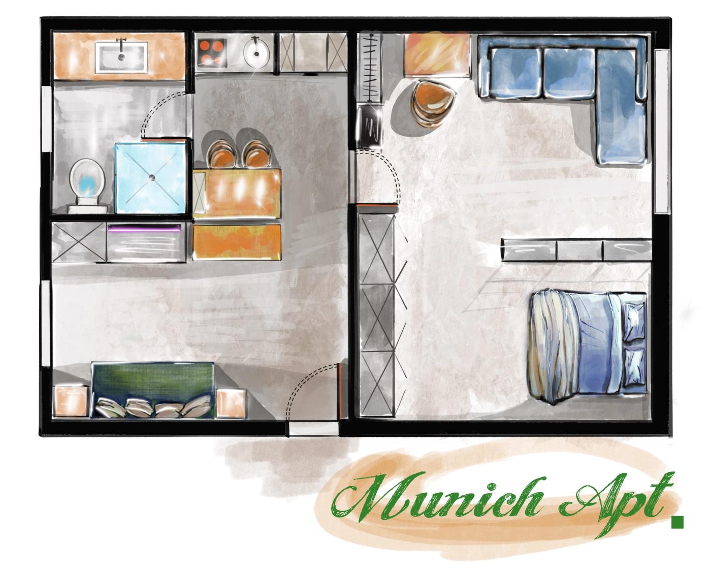 Gemalter Grundriss des Mozart Apartments: Wohnküche, Schlafzimmer, Bad