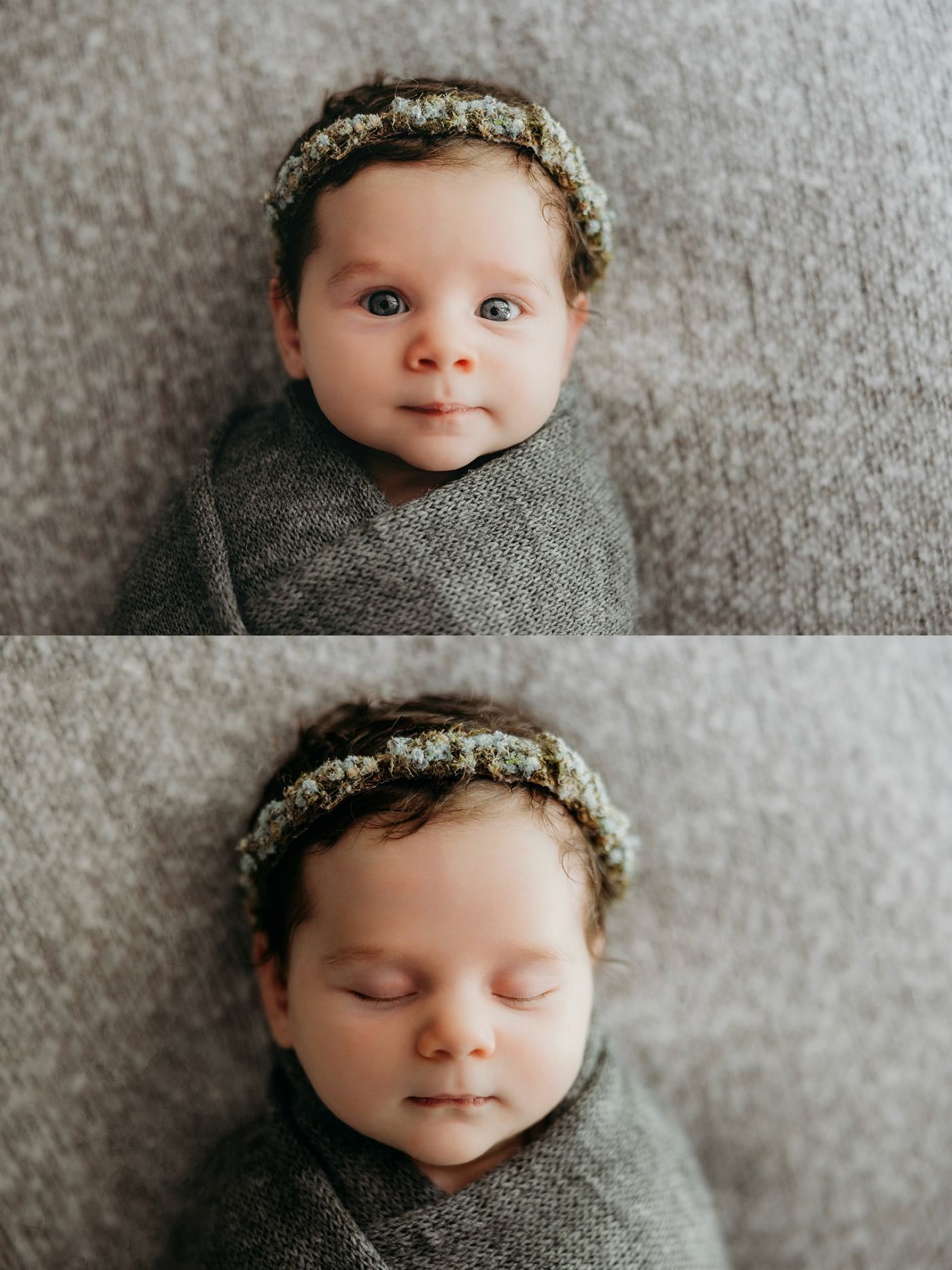 A newborn in grey knit, first awake and then asleep