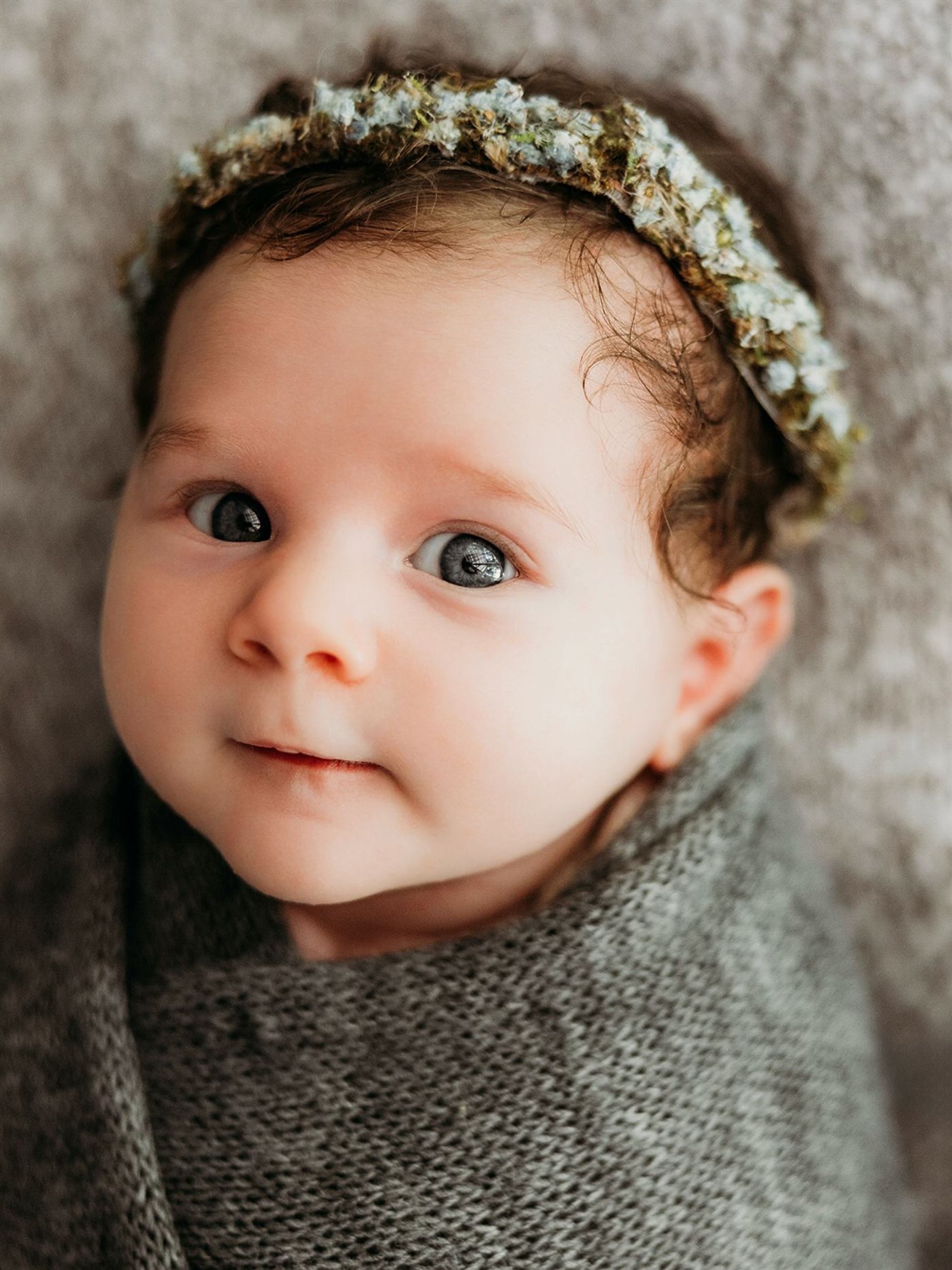 A wide-eyed newborn wrapped in grey knit, wearing a floral halo