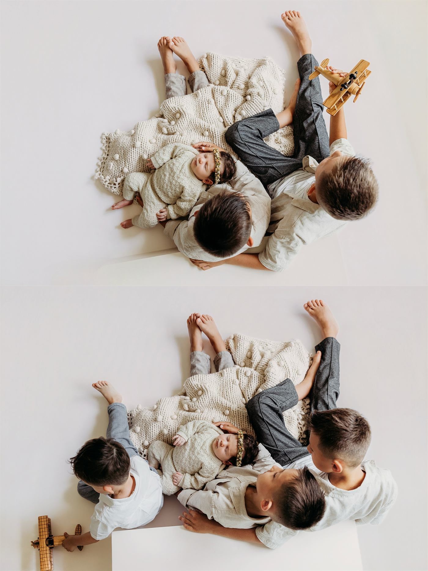Siblings lying together on cream blankets, photographed from above
