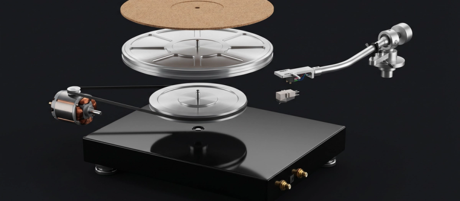 Turntable component diagram showing platter and plinth