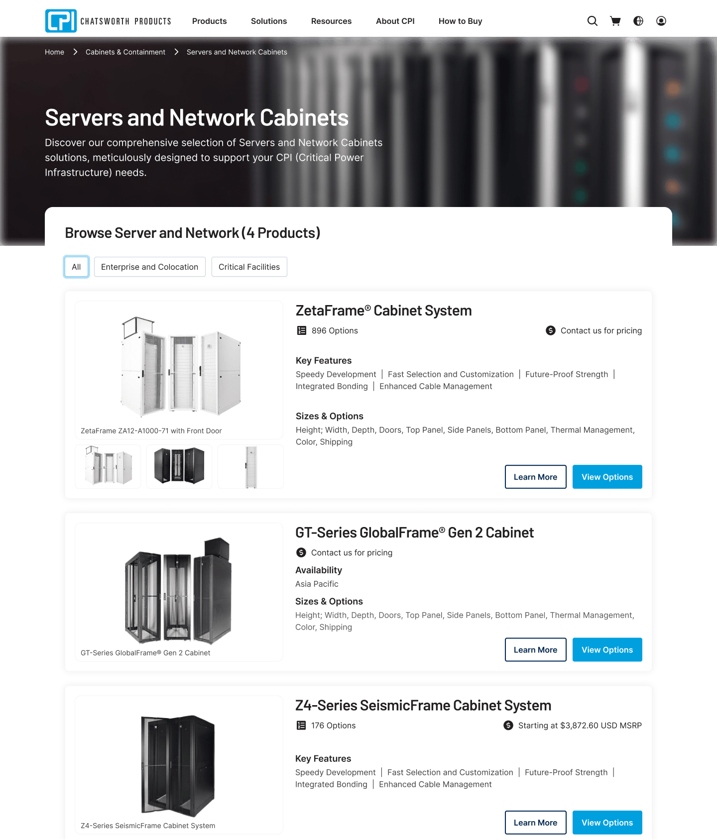 CPI series group page listing cabinet families