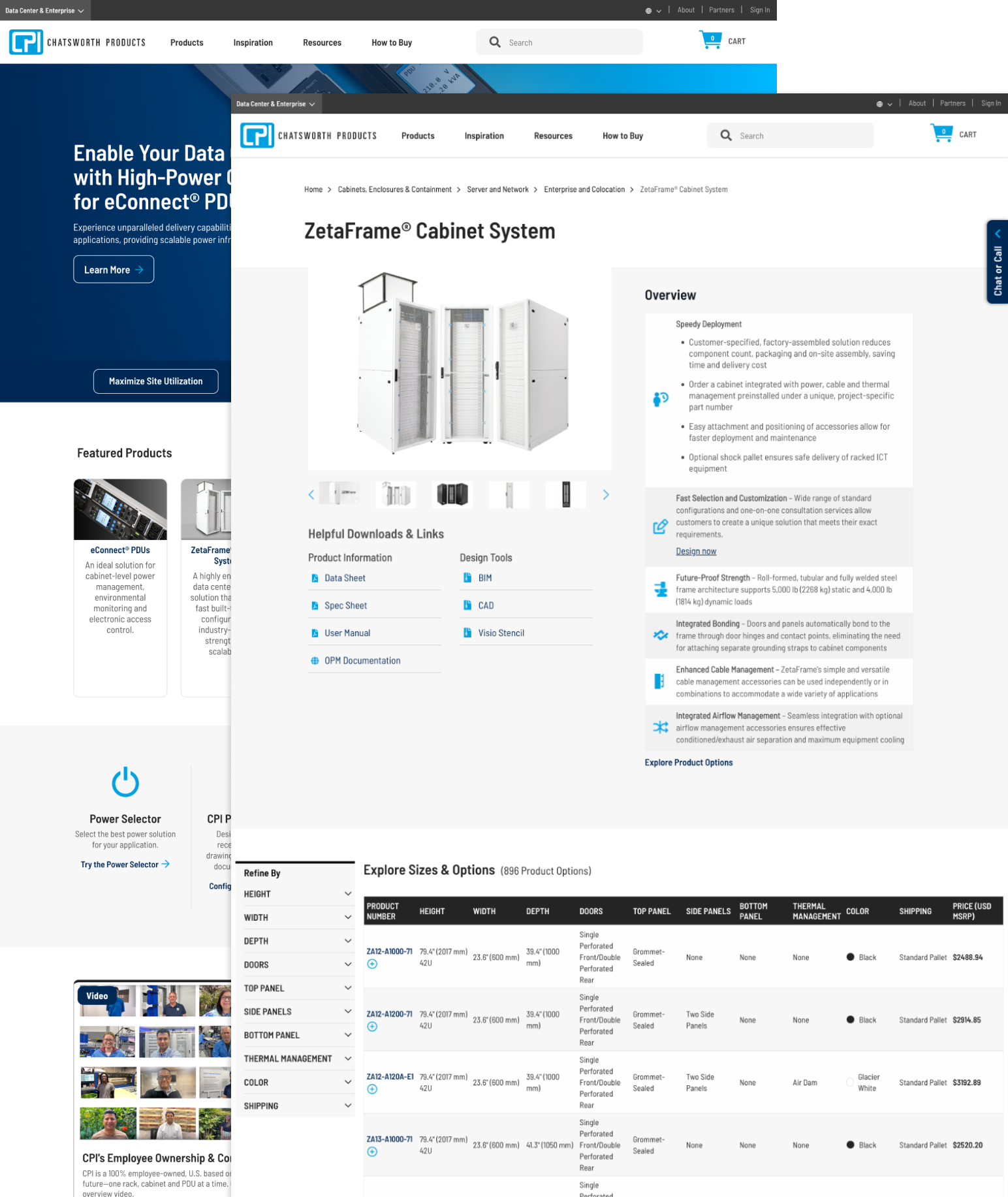 The previous CPI website with a wide product table